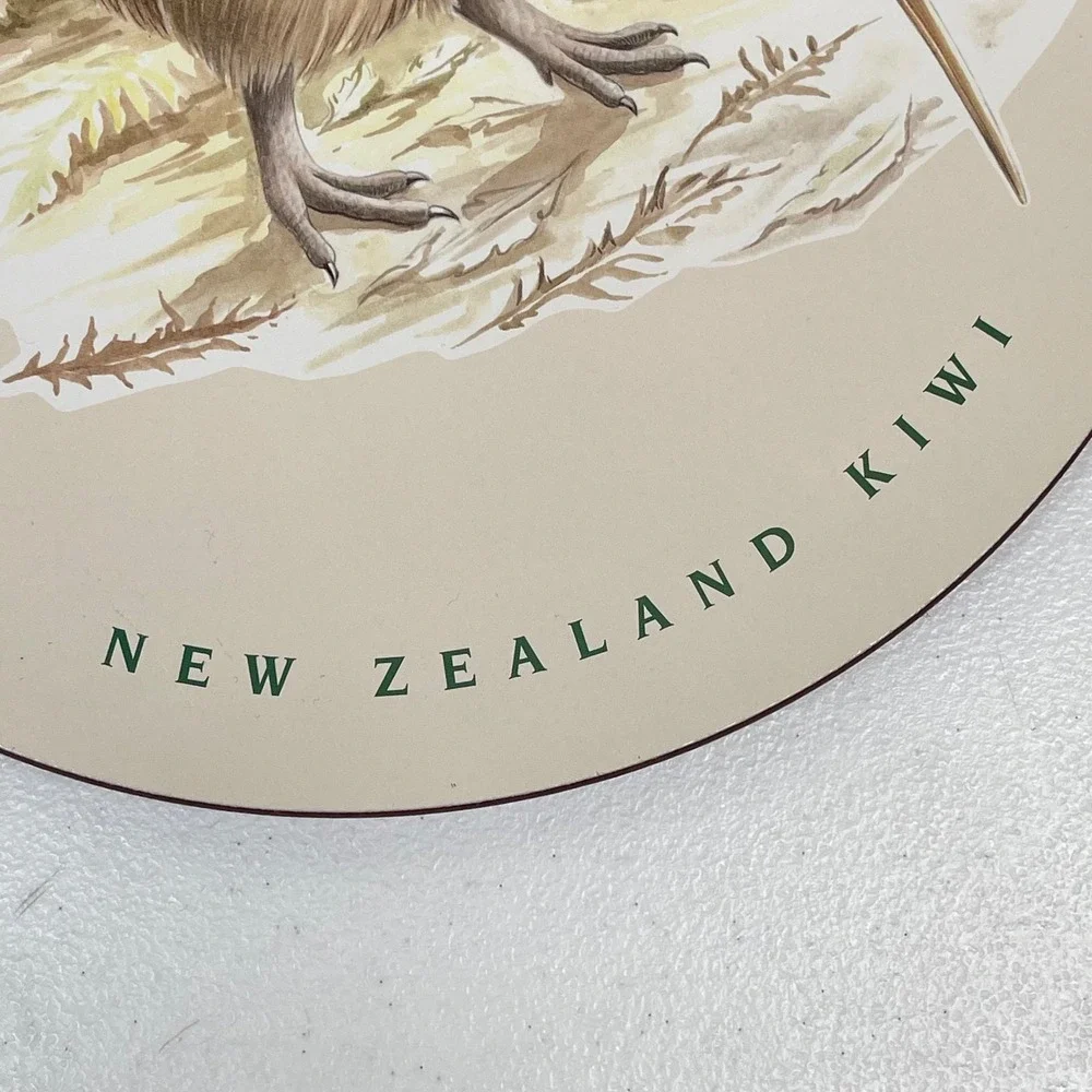 Vintage New Zealand Kiwi Bird Round Cork Backed Placemat Trivet Beige Green Art